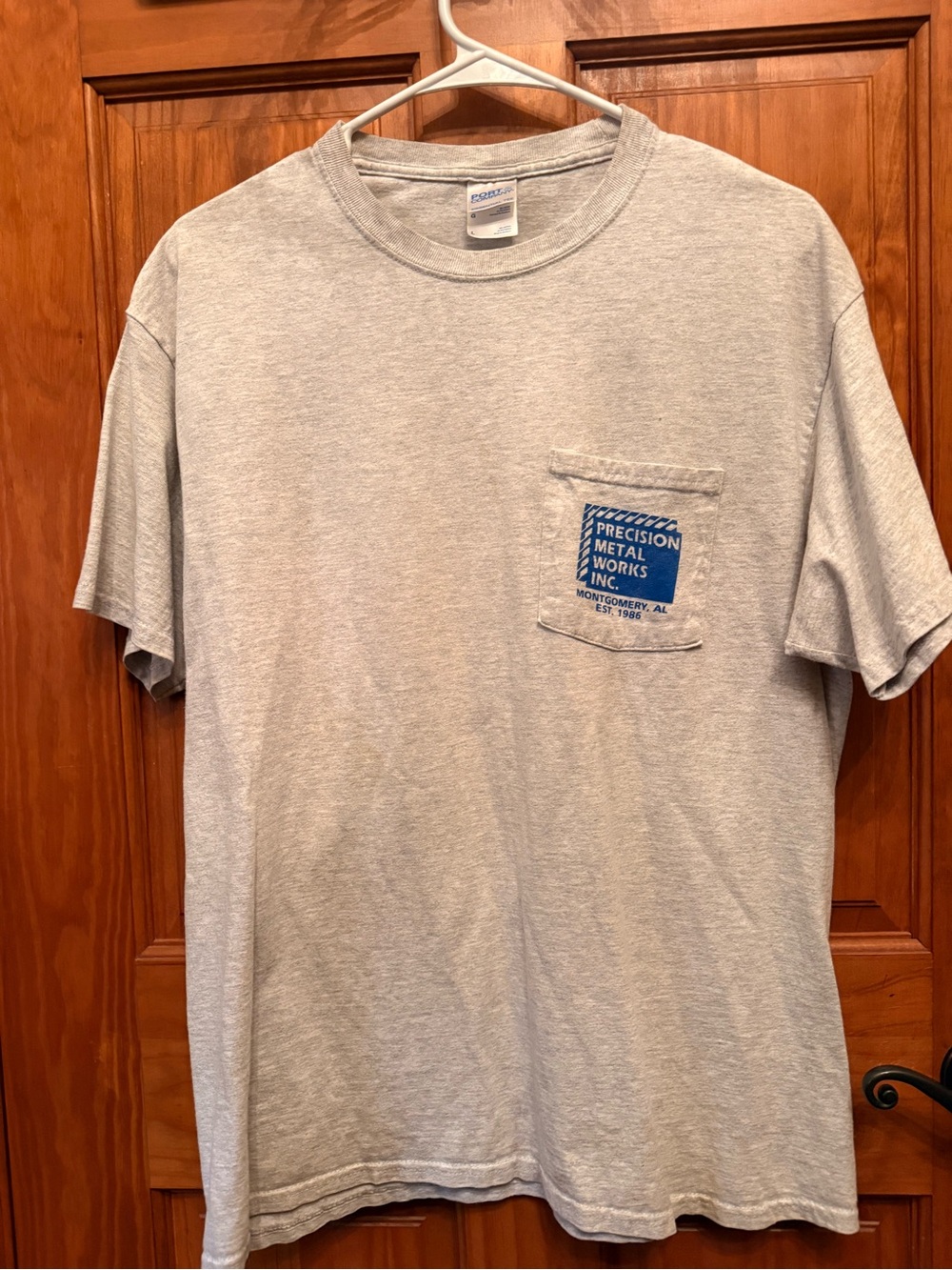 Port and Company Light Gray Pocket Tee with Blue Logo